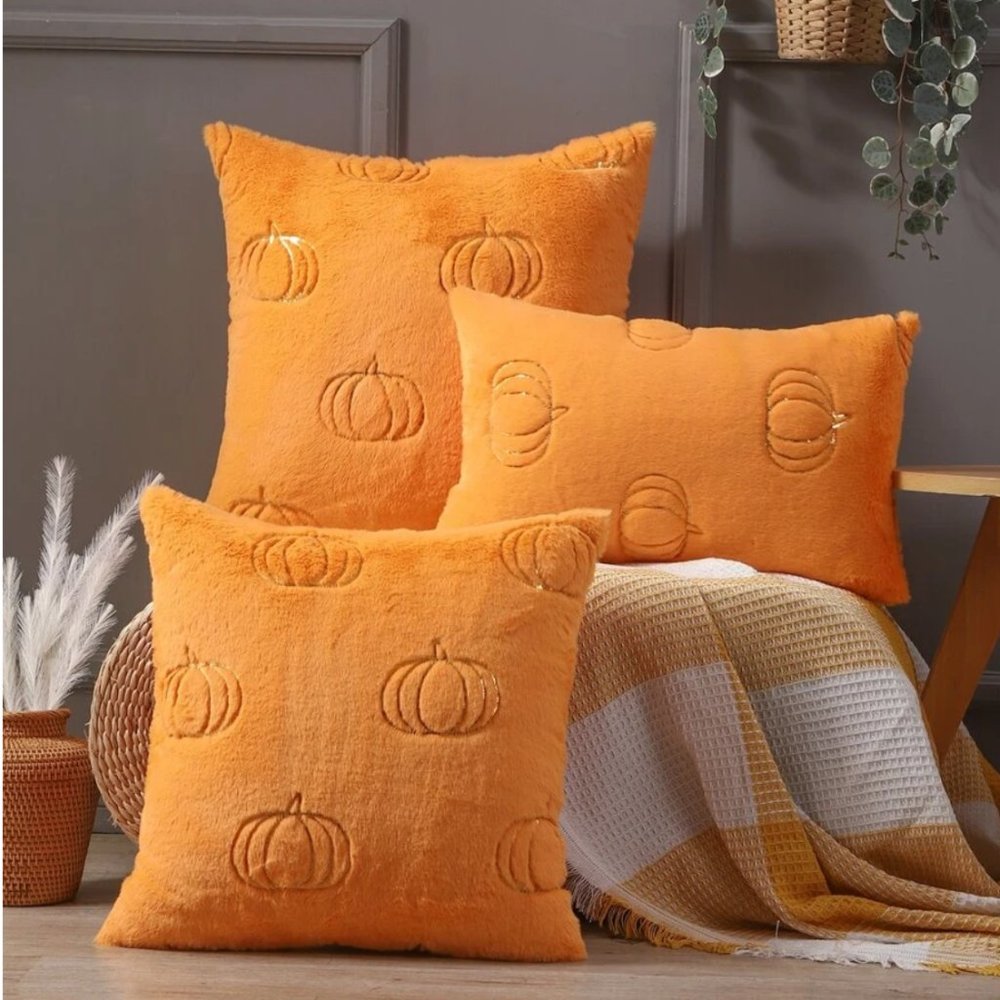 2pc Pumpkin Embroidered Cushion Covers Without Filler